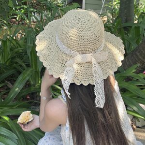 Summer Beach Sun Straw Hats for Women Ladies Wide Brim Lace Bow Floppy Packable Travel Bucket Hats UPF 50+ Crushable UV Fishing Cap Foldable Sun Protection Hat Beige