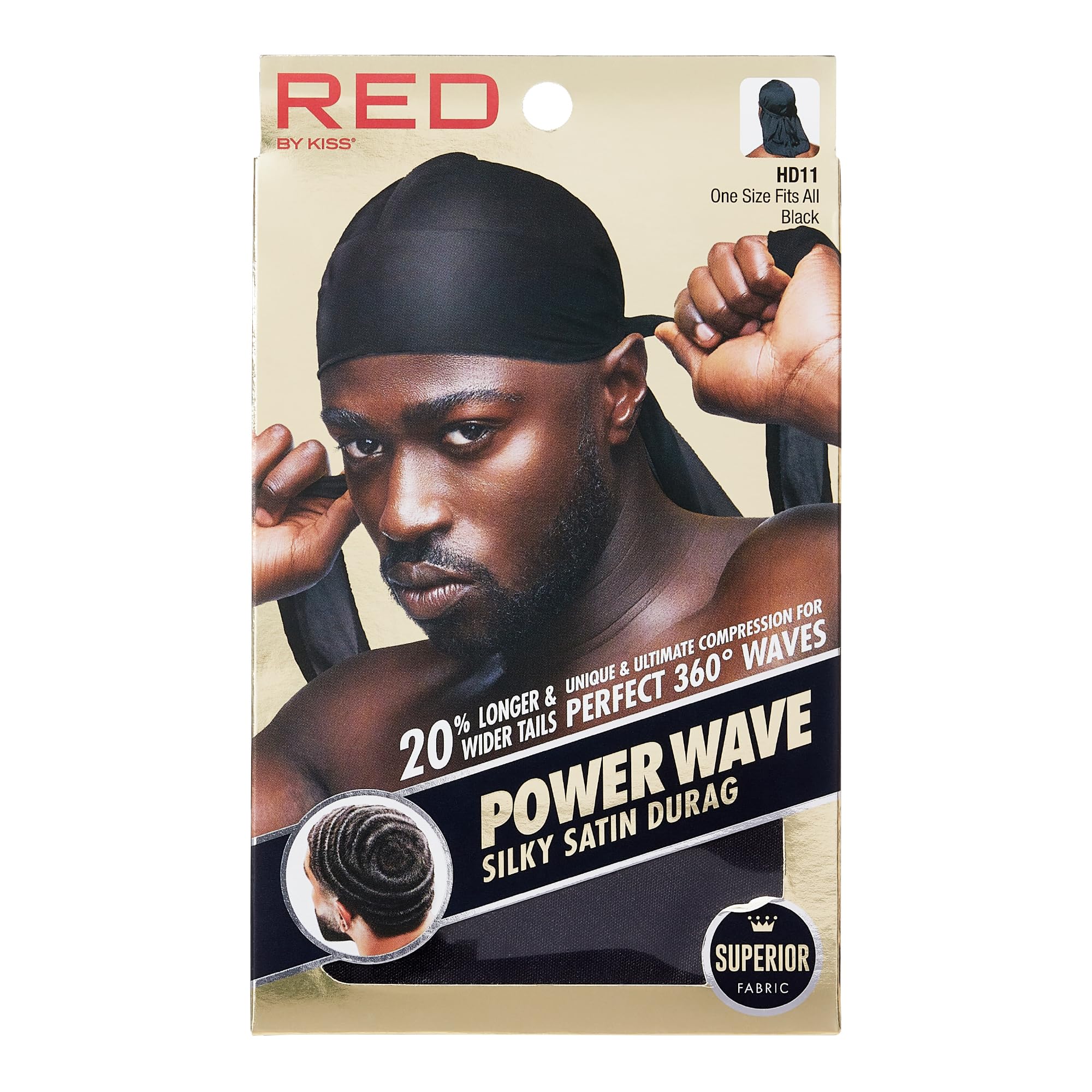 KISS Red Power Wave Silky Satin Durag Extra Long Tails (Black)