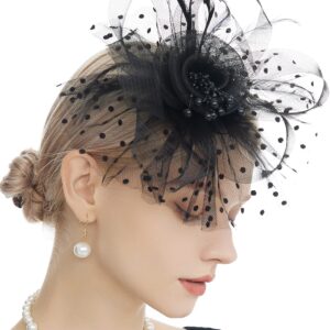 Myjoyday Women's Fascinators, Feathers Tea Party Hat, Veil Headband with Hair Clip for Cocktail Church (Black)