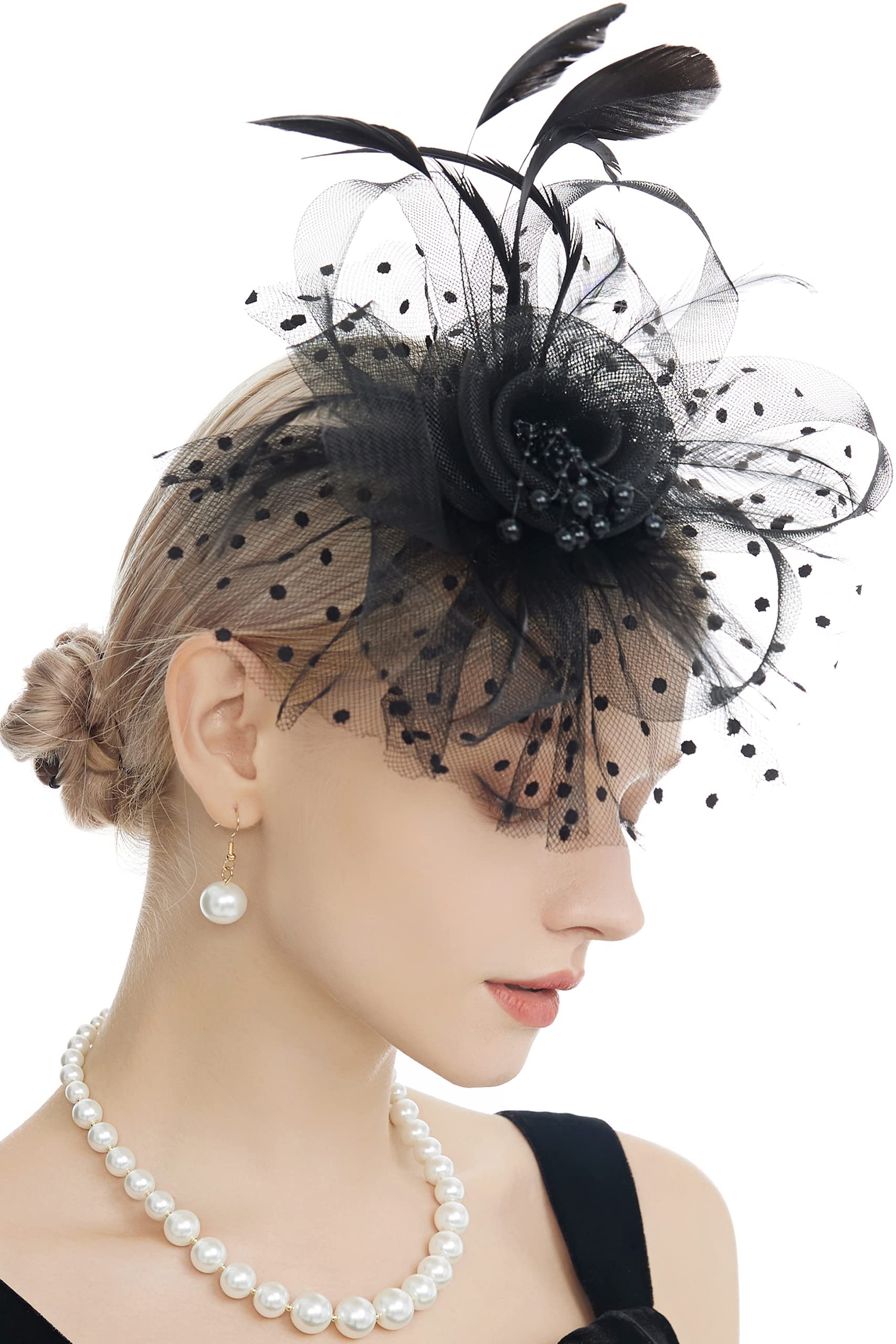 Myjoyday Women's Fascinators, Feathers Tea Party Hat, Veil Headband with Hair Clip for Cocktail Church (Black)