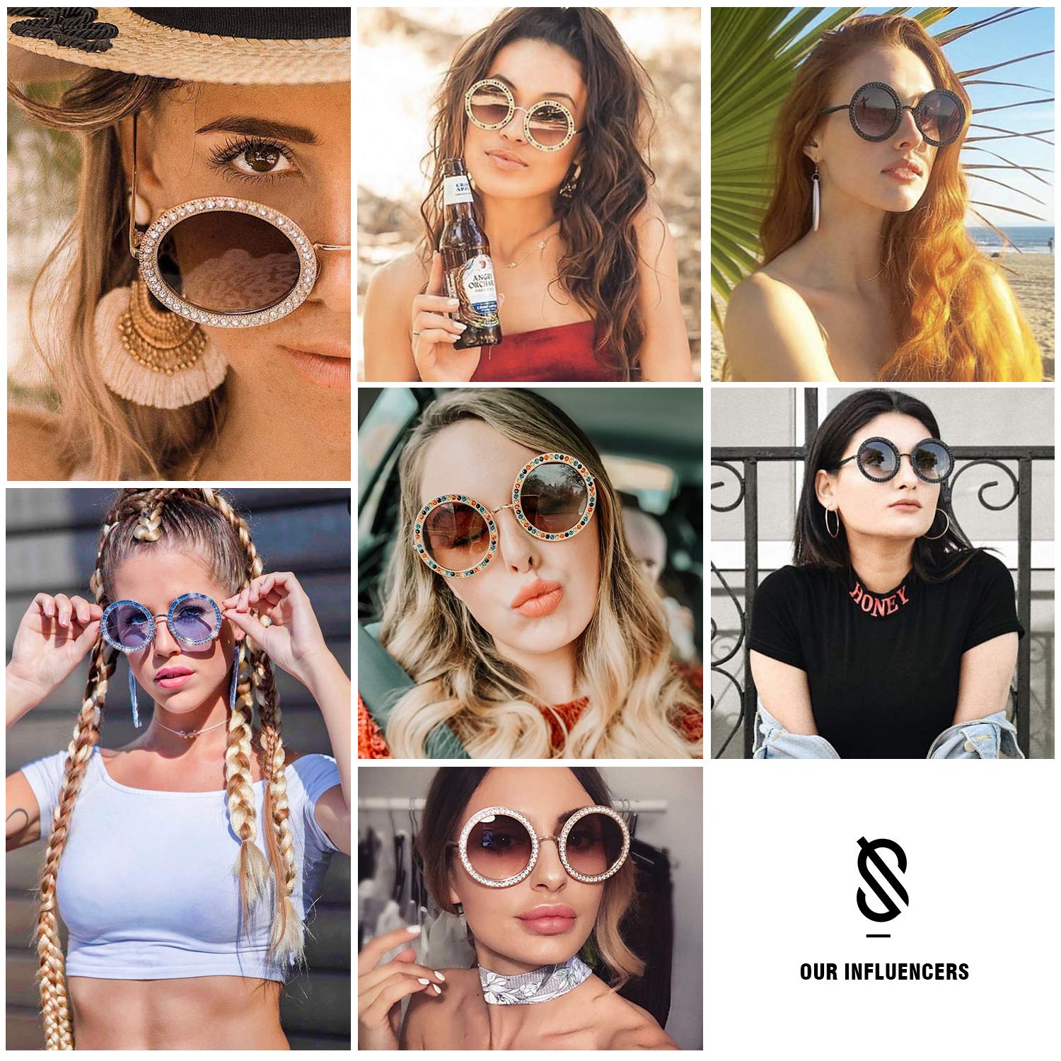 SOJOS Shining Oversized Round Rhinestone Sunglasses Festival Gem Sunnies SJ1095 with Gold Frame/Gradient Brown Lens with Colored Diamonds