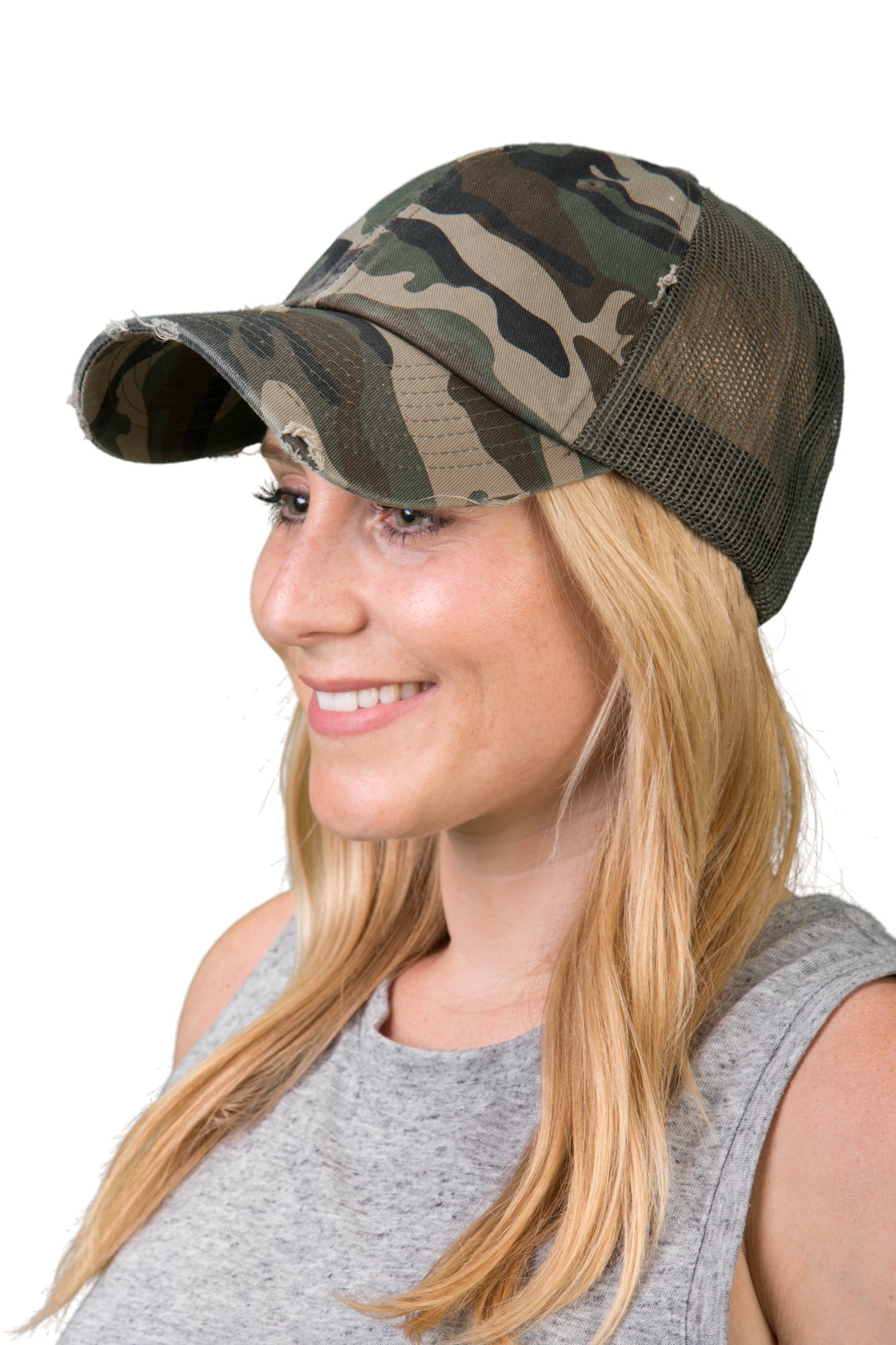 Funky Junque Unconstructed Low Profile Distressed Trucker Hat - Camo