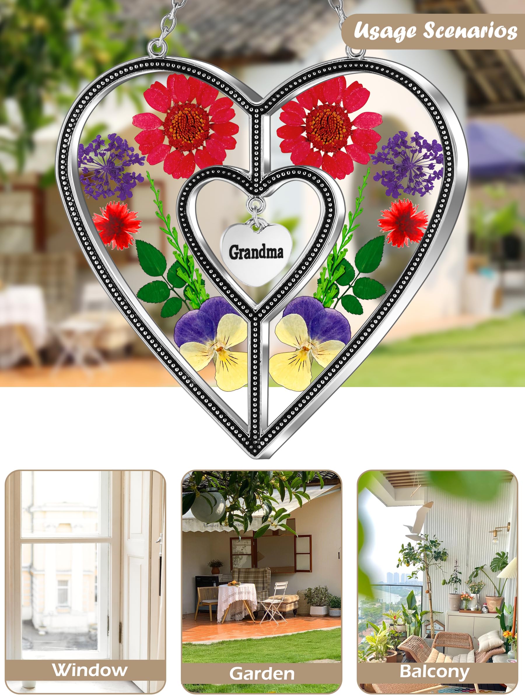 KY&BOSAM Heart Suncatchers Grandma Gift Ornament Stained Glass Sun Catcher Garden hangings Windows with Pressed Flower Heart Embedded in Glass Gifts for Grandma Mother`s Day Birthday Gifts