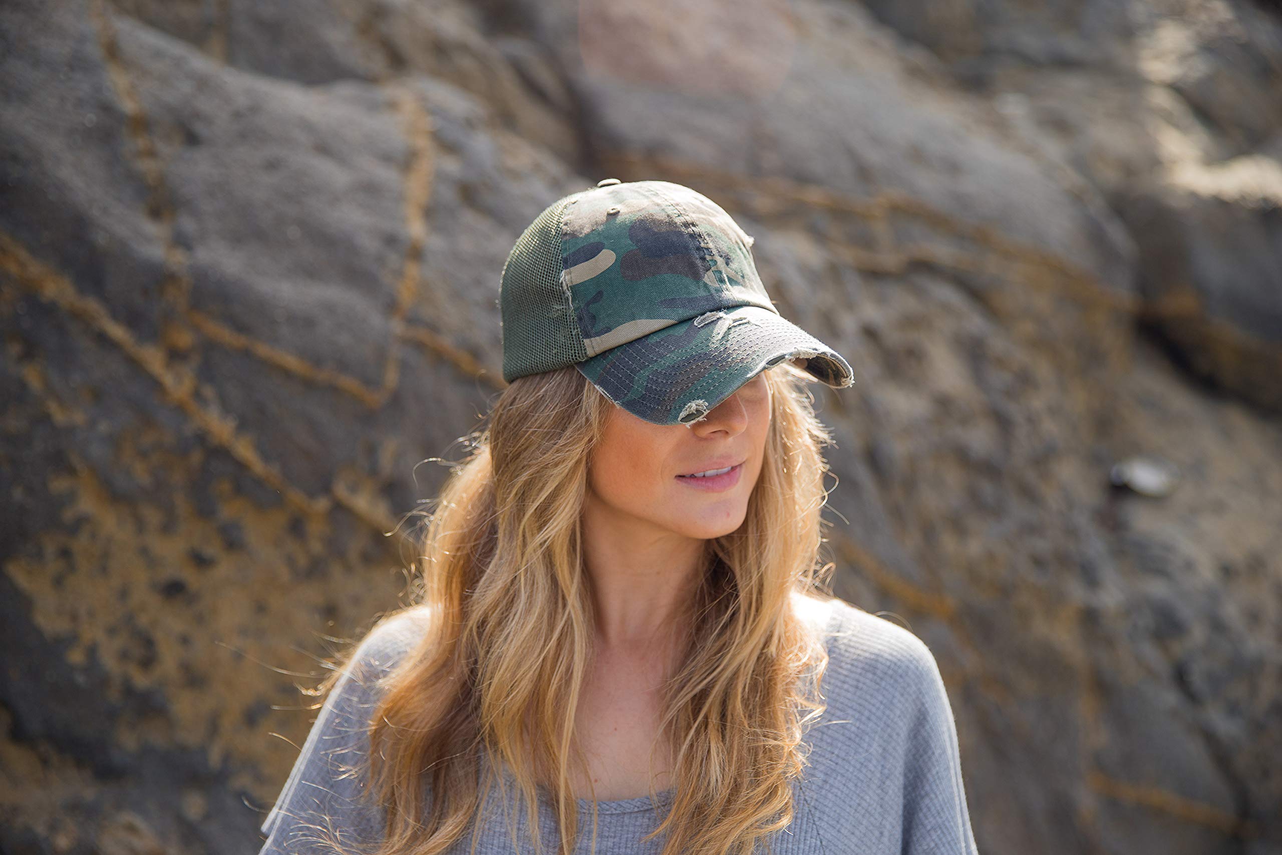 Funky Junque Unconstructed Low Profile Distressed Trucker Hat - Camo