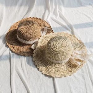 Summer Beach Sun Straw Hats for Women Ladies Wide Brim Lace Bow Floppy Packable Travel Bucket Hats UPF 50+ Crushable UV Fishing Cap Foldable Sun Protection Hat Beige