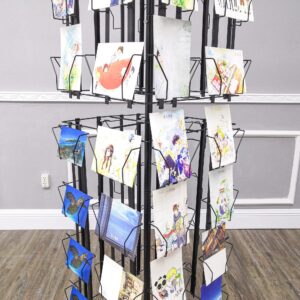 64 Adjustable Pockets Display Rack 5x7 7x5 up to 9.3" Wide X 8" Tall Cards, 1.27" deep Pockets, Double Tier Greeting Post Card Christmas Holiday Spinning Rack Stand Black 11603-M-BLK