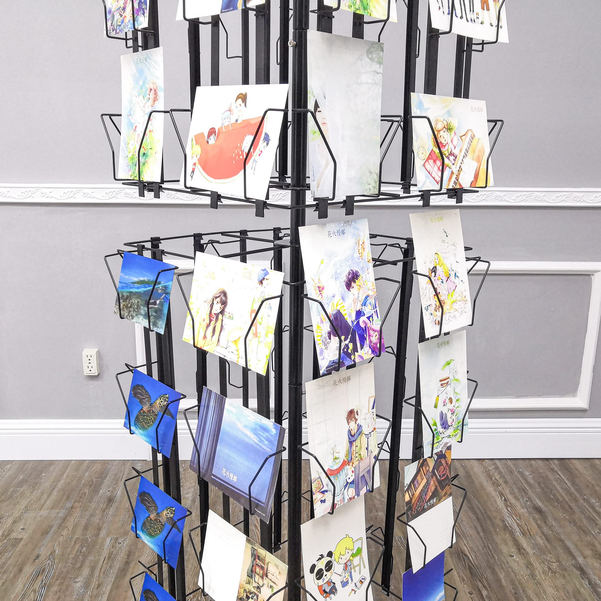 64 Adjustable Pockets Display Rack 5x7 7x5 up to 9.3" Wide X 8" Tall Cards, 1.27" deep Pockets, Double Tier Greeting Post Card Christmas Holiday Spinning Rack Stand Black 11603-L-BLK-NF