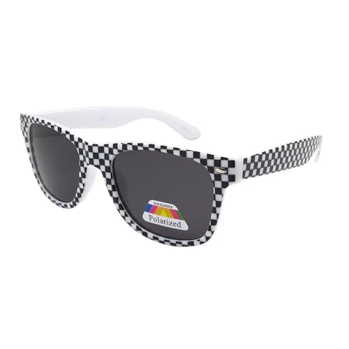 POP Fashionwear Classic Rectangular Sunglasses Polarized Lens White Frame Black Checker T712