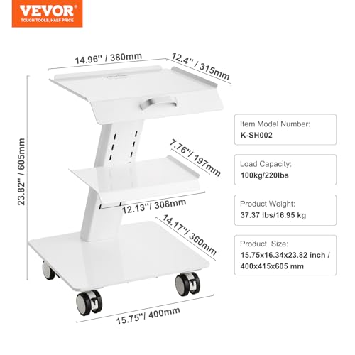 VEVOR Medical Cart,3-Layer Lab Cart 70.5 LBS Load Capacity,Heavy Duty Esthetician Cart with 4 PE Wheels for Lab, Hospital, Dental Office, Salon and More