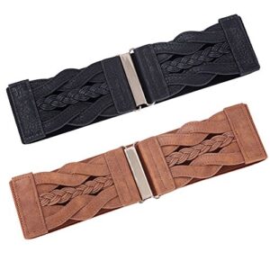 GRACE KARIN Womens Wide Elastic Belts PU Leather Waist Belts Vintage Fashion Woven Belt for Dresses Black Brown L