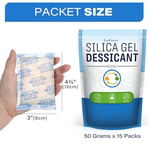 LotFancy Silica Gel Packets, 50 Gram 15 Packs Rechargeable Desiccant Packs for Storage, Moisture Absorber Drying Bags with Orange Indicator, Non-Toxic