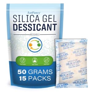 lotfancy silica gel packets, 50 gram 15 packs rechargeable desiccant packs for storage, moisture absorber drying bags with orange indicator, non-toxic