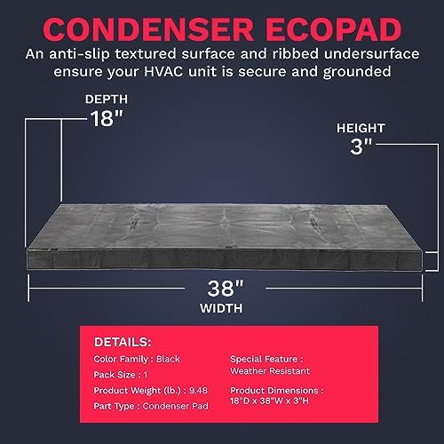 DuctlessAire Equipment Pad - Ductless Mini Split Air Conditioner Heat Pump Condenser Pads - Anti-Slip Outdoor Ground Mounting Base for HVAC Unit - Outdoor Condenser Unit Pad (18"D x 38"W x 3"H)