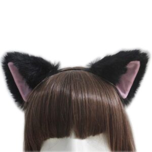 lasenersm cat fox long fur ears headband - size: approx. 10x10cm, color: black fluff with pink inside, material: faux fur, costume headband for anime cosplay party costume, halloween, carnival