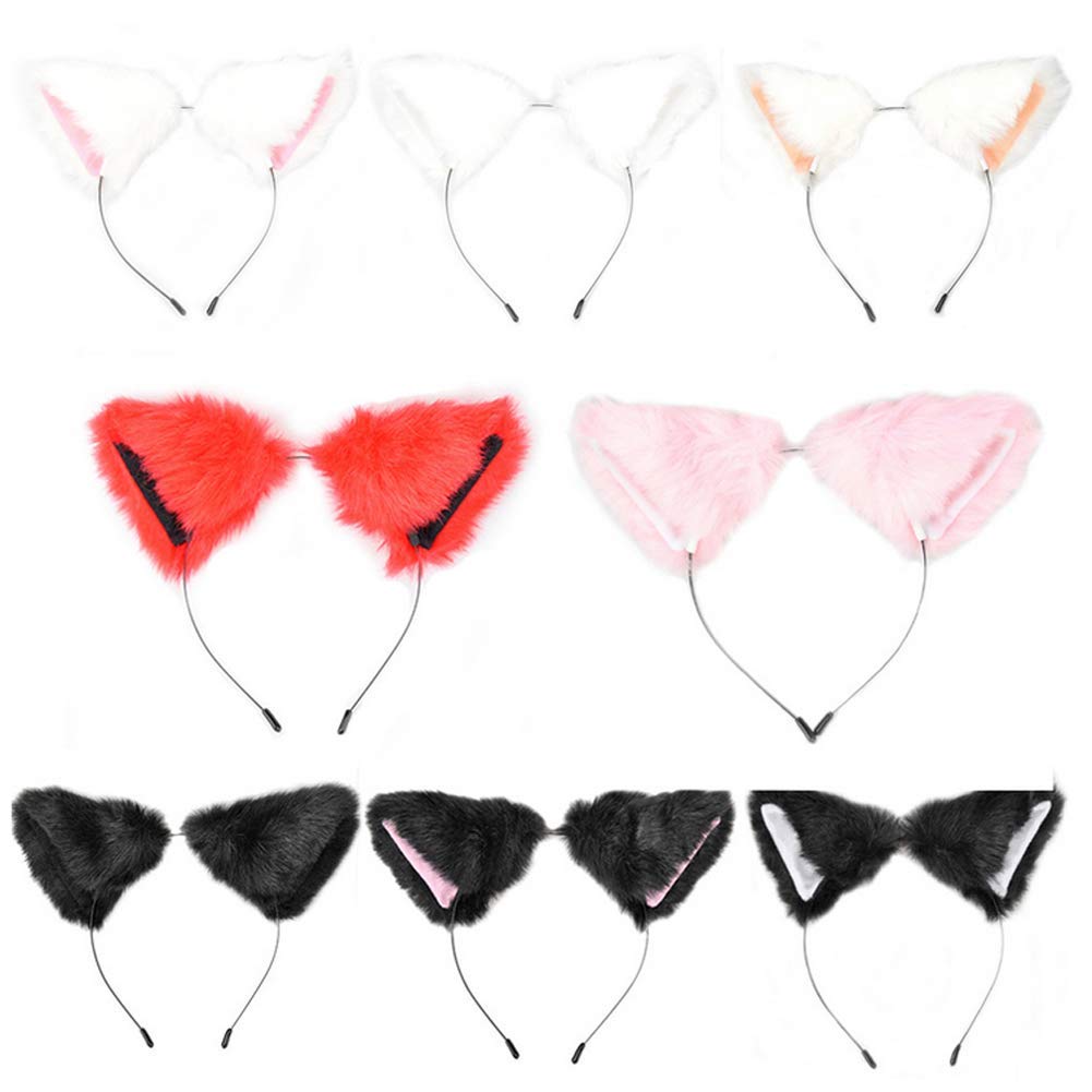 lasenersm Cat Fox Long Fur Ears Headband - Size: approx. 10x10cm, Color: Black fluff with Pink Inside, Material: Faux Fur, Costume Headband for Anime Cosplay Party Costume, Halloween, Carnival