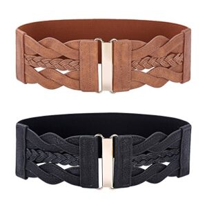 grace karin womens wide elastic belts pu leather waist belts vintage fashion woven belt for dresses black brown l