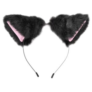 lasenersm Cat Fox Long Fur Ears Headband - Size: approx. 10x10cm, Color: Black fluff with Pink Inside, Material: Faux Fur, Costume Headband for Anime Cosplay Party Costume, Halloween, Carnival