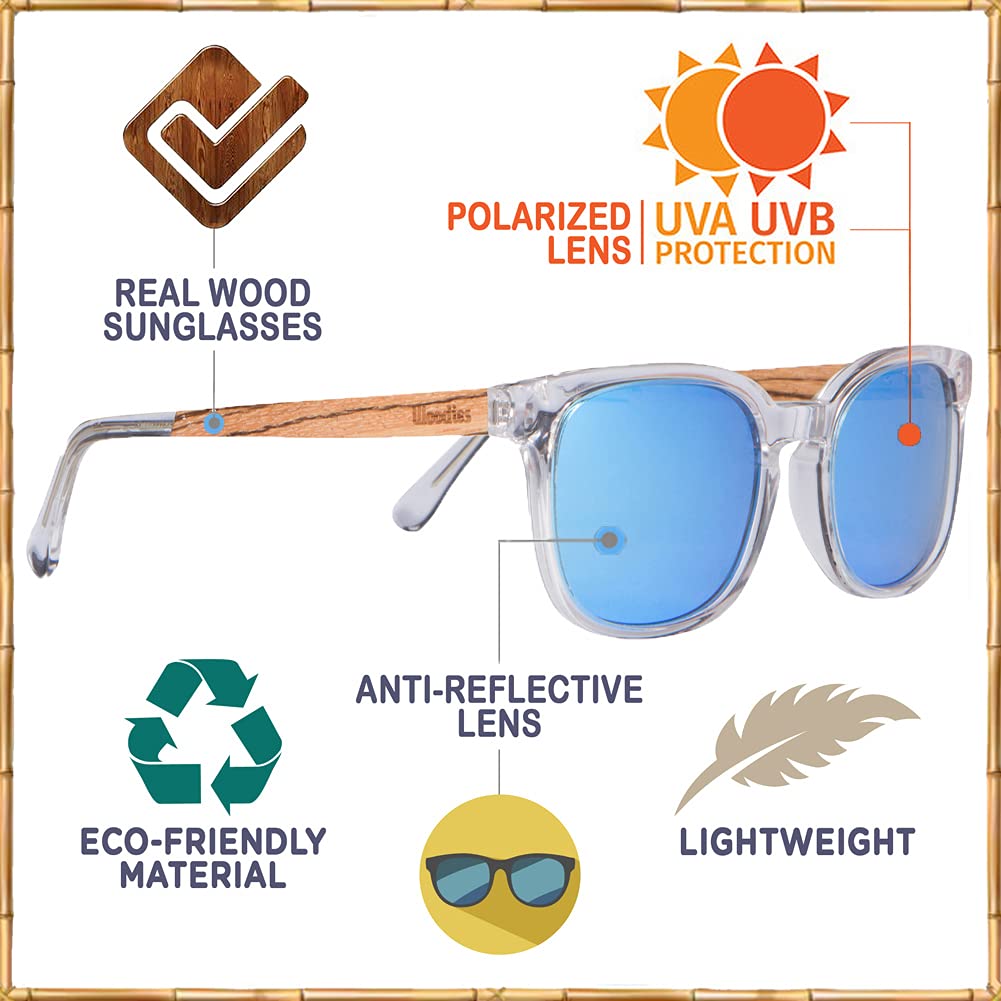 Woodies Clear Acetate Frame and Colored TAC Lenses Sunglasses | FREE Wooden Gift Box | 100% UVA/UVB Ray Protection (Light Blue)