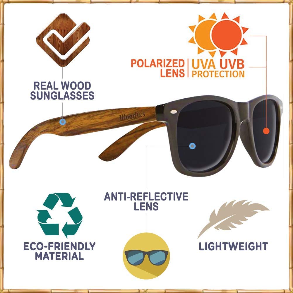 Woodies Polarized Walnut Wood Copper Round Sunglasses for Men and Women | Black Polarized Lenses and Real Wooden Frame | 100% UVA/UVB Ray Protection