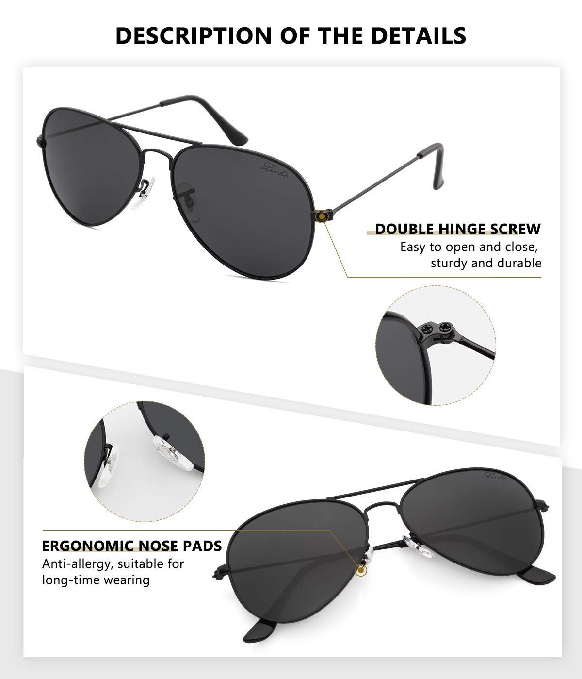 livho Sunglasses for Men Women Aviator Polarized Metal Mirror UV 400 Lens Protection (Silver & Black)