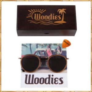 Woodies Polarized Walnut Wood Copper Round Sunglasses for Men and Women | Black Polarized Lenses and Real Wooden Frame | 100% UVA/UVB Ray Protection