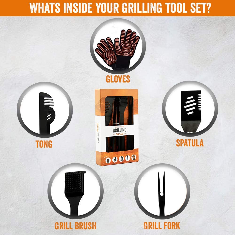 Yukon Glory™ Heavy Duty 5 Piece Grilling Tools Set, Durable Stainless Steel BBQ Accessories, Long Handle 3 in 1 Spatula, Tongs, Brush, Grill Fork, Thick Grilling Gloves, Gift Set