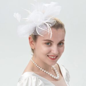 Myjoyday Women's Fascinators Hat for Tea Party Church Cocktail, Feathers Veil Headband with Hair Clip (White)