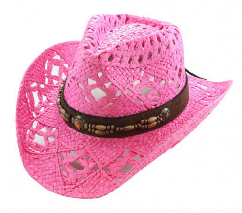 Vamuss Straw Cowboy Hat W/Vegan Leather Band & Beads, Shapeable Brim (Fuchsia)