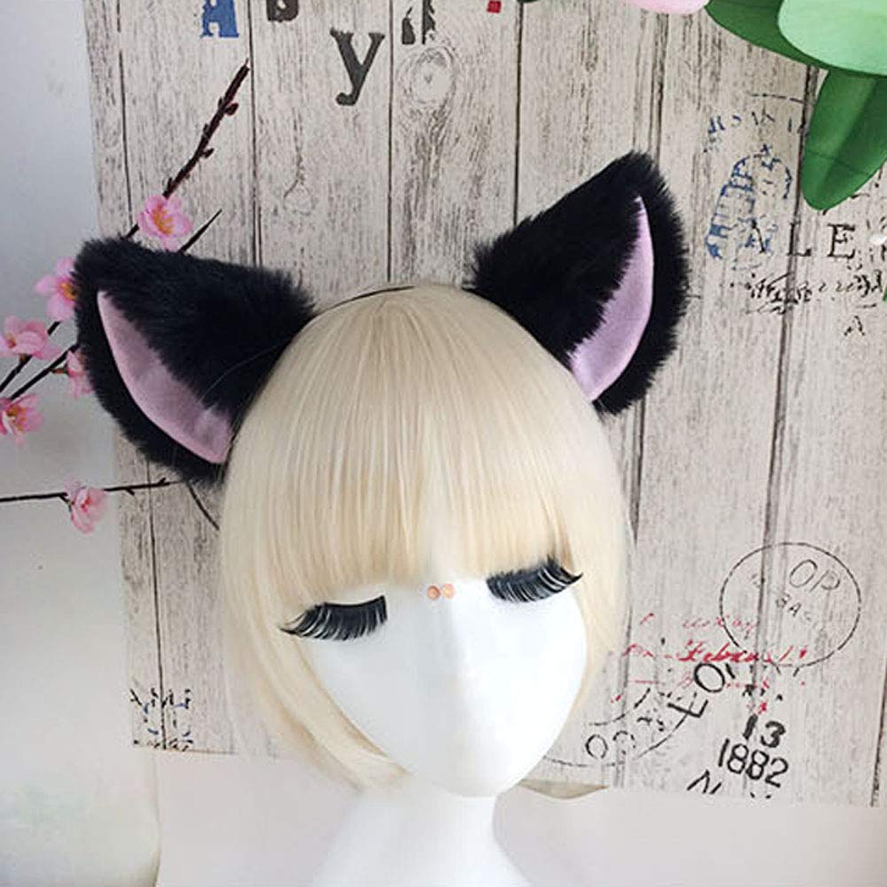 lasenersm Cat Fox Long Fur Ears Headband - Size: approx. 10x10cm, Color: Black fluff with Pink Inside, Material: Faux Fur, Costume Headband for Anime Cosplay Party Costume, Halloween, Carnival