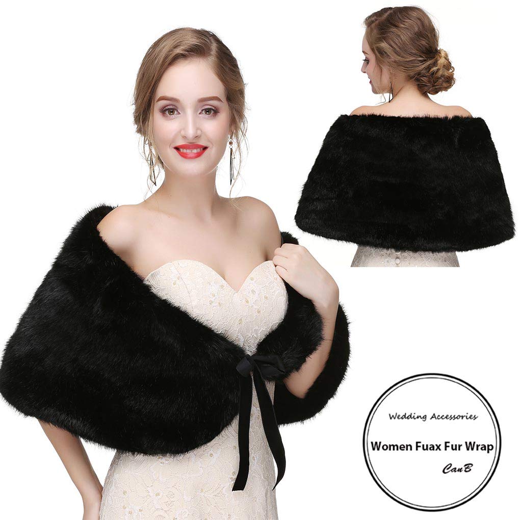 CanB Women's 1920s Faux Fur Shawl Bridal Wedding Fur Wraps and Bolero Shrug Faux Mink Stole for Women and Girls (Black)