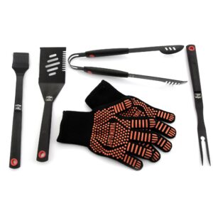 Yukon Glory™ Heavy Duty 5 Piece Grilling Tools Set, Durable Stainless Steel BBQ Accessories, Long Handle 3 in 1 Spatula, Tongs, Brush, Grill Fork, Thick Grilling Gloves, Gift Set