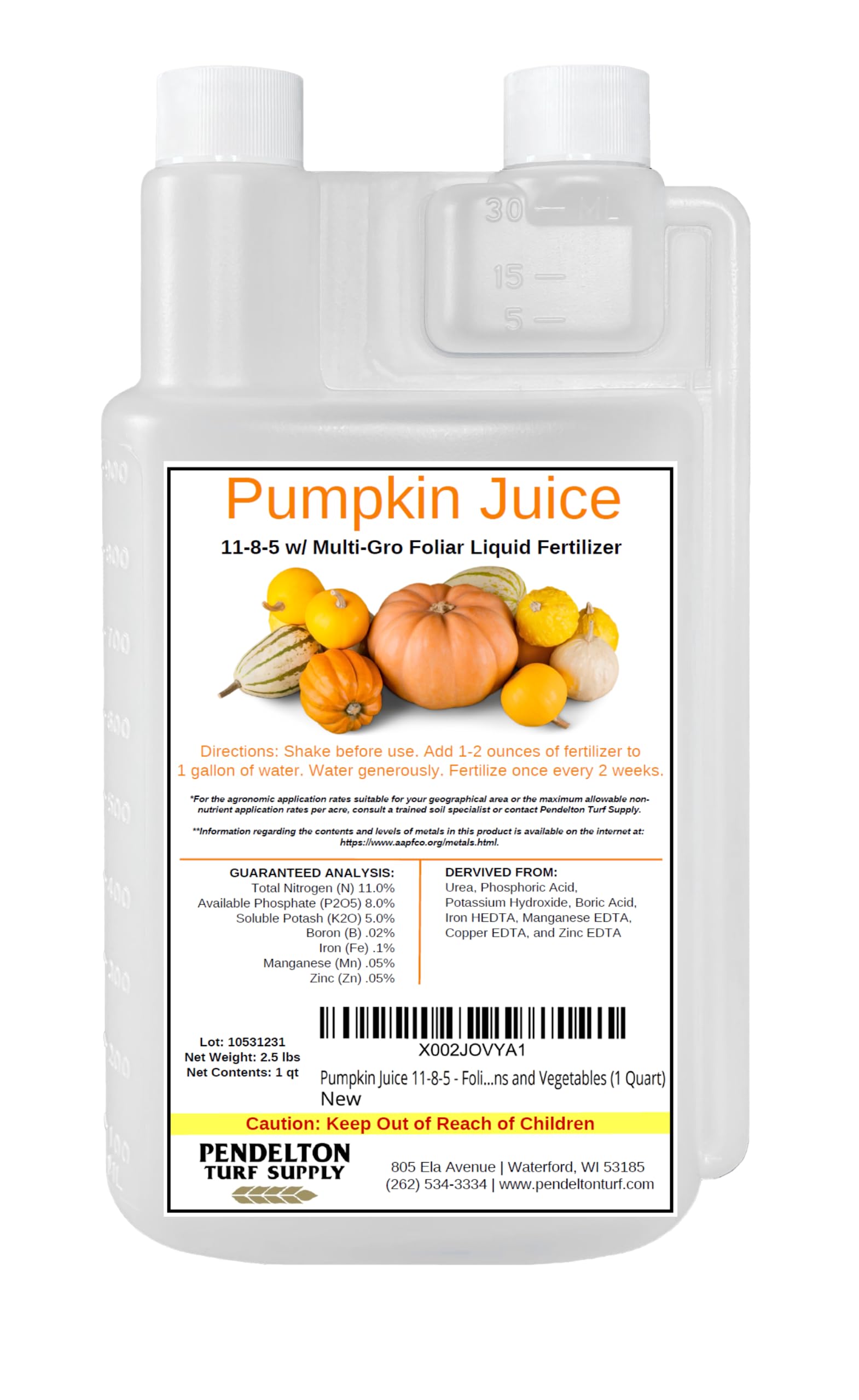 Pumpkin Juice 11-8-5 - Foliar Liquid Fertilizer with Essential Micro-nutrients for Pumpkins and Vegetables (1 Quart)