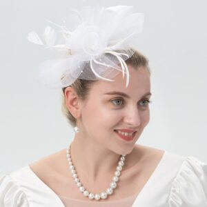 Myjoyday Women's Fascinators Hat for Tea Party Church Cocktail, Feathers Veil Headband with Hair Clip (White)