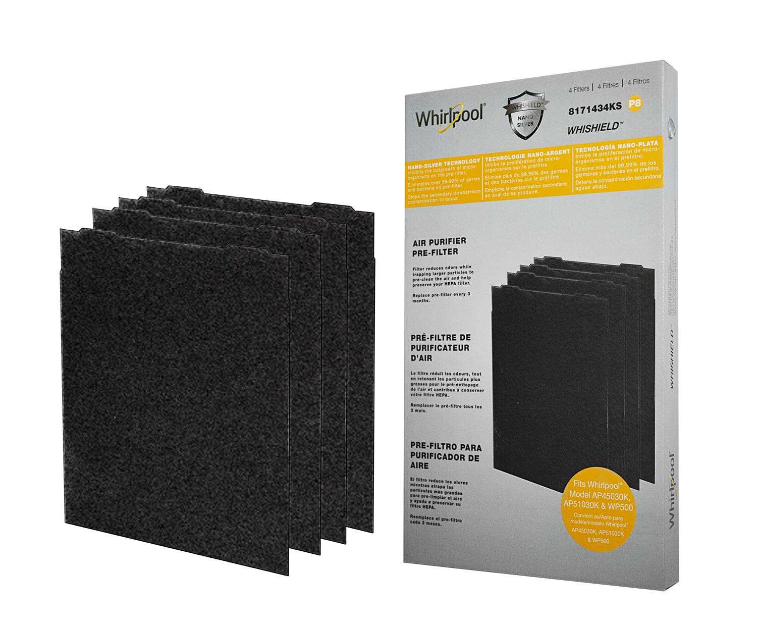 Whirlpool 8171434KS Genuine Charcoal Pre-Filter - Whishield Anti-Microbial Activated - Replacement Fit for Air Purifier AP51030K, AP45030K, APR45130L and WP500, Large - 4 Pack