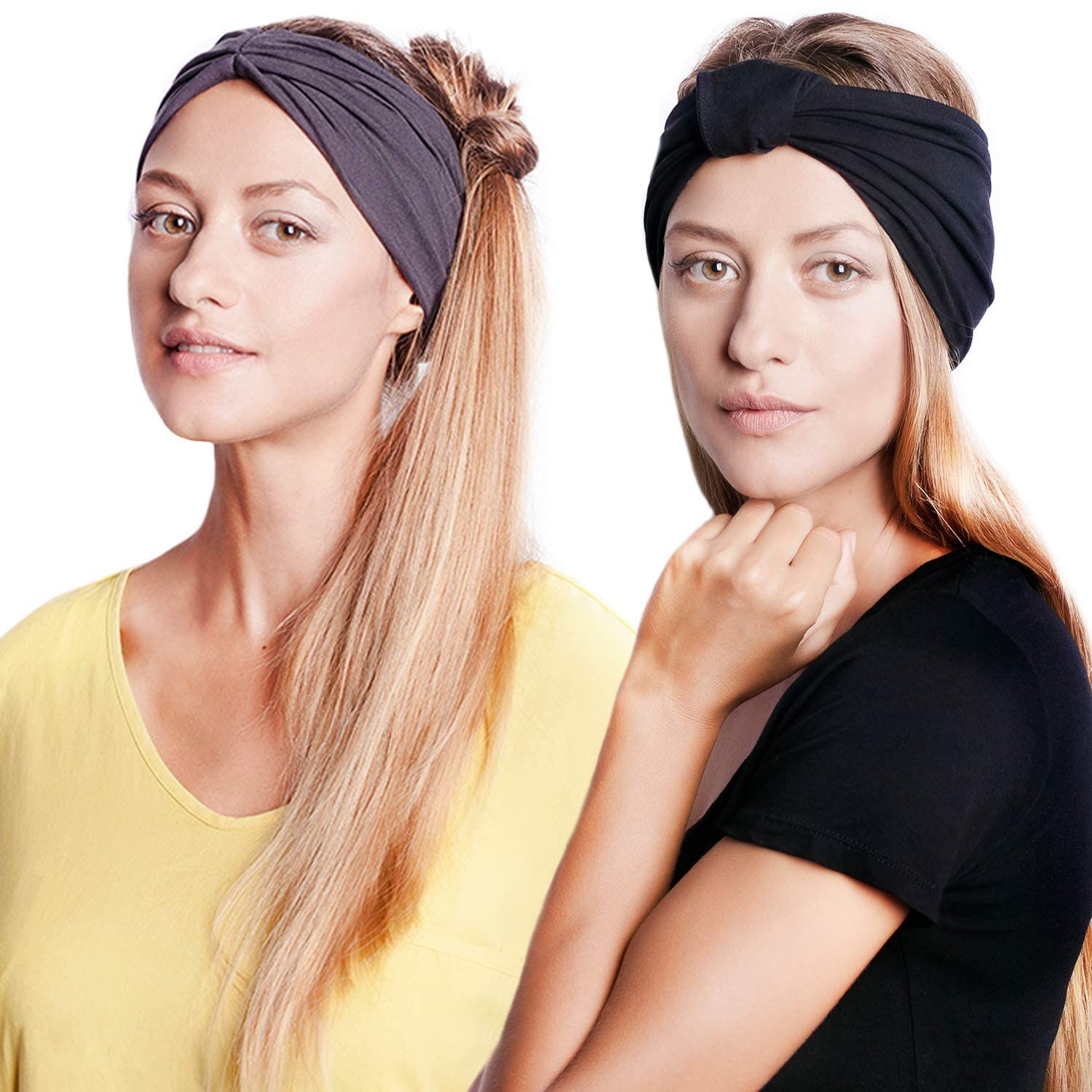 BLOM Non Slip Headbands for Women - Wide Headbands for Yoga, Workout, Fashion, Travel, or Running - Multi Style Gym Wrap - 2 Pack