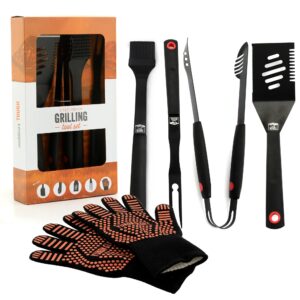 yukon glory™ heavy duty 5 piece grilling tools set, durable stainless steel bbq accessories, long handle 3 in 1 spatula, tongs, brush, grill fork, thick grilling gloves, gift set