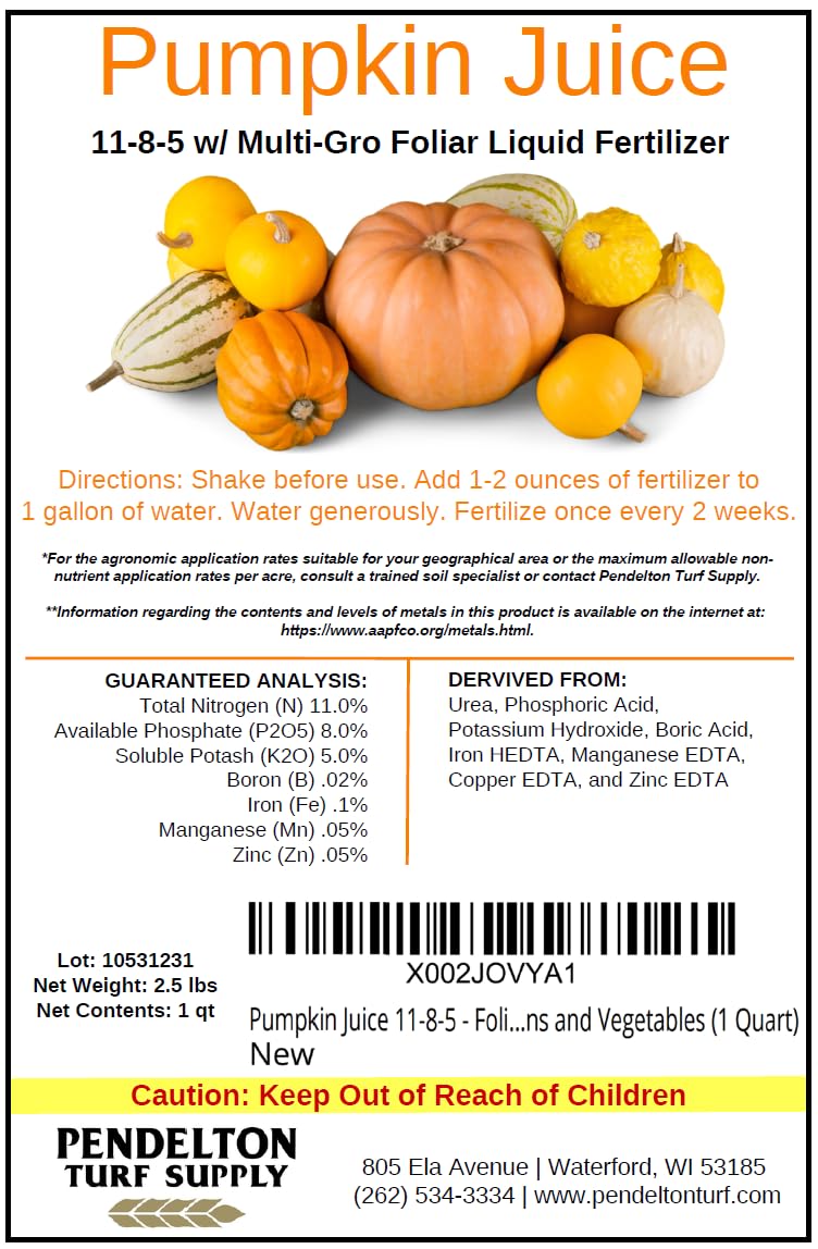 Pumpkin Juice 11-8-5 - Foliar Liquid Fertilizer with Essential Micro-nutrients for Pumpkins and Vegetables (1 Quart)