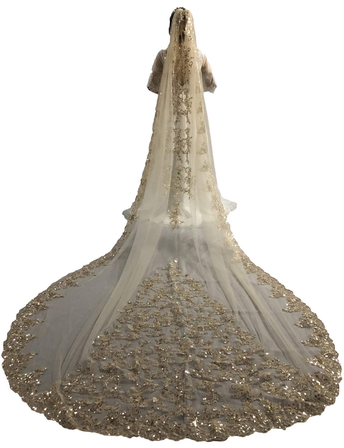 FAIOKAVER Wedding Veils Cathedral Length 1 Tier Sequins Lace Applique with Comb