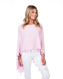 caroline grace by alashan cashmere blend tassel trim dress topper poncho-one size -lightweight, soft,cozy & versatile - bermuda pink