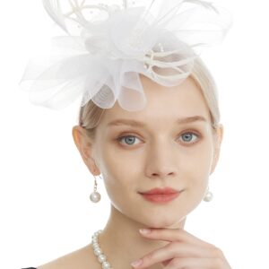 Myjoyday Women's Fascinators Hat for Tea Party Church Cocktail, Feathers Veil Headband with Hair Clip (White)