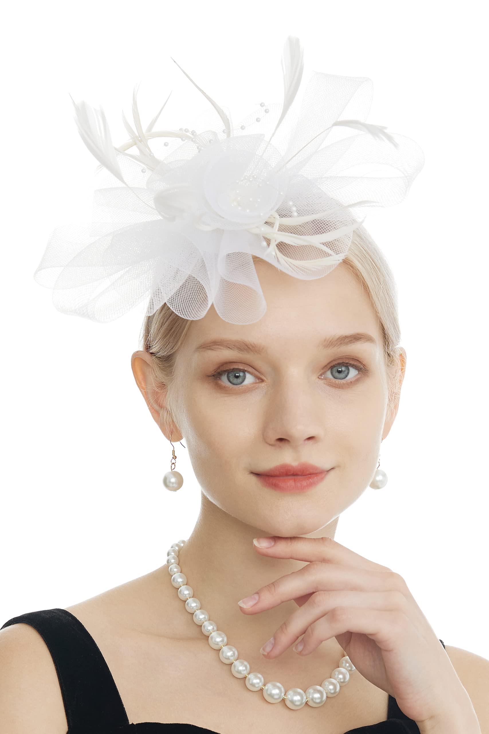 Myjoyday Women's Fascinators Hat for Tea Party Church Cocktail, Feathers Veil Headband with Hair Clip (White)