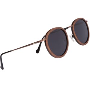 woodies polarized walnut wood copper round sunglasses for men and women | black polarized lenses and real wooden frame | 100% uva/uvb ray protection