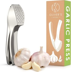 oliver's kitchen ® premium garlic press - super easy to use & clean garlic crusher & mincer - crush garlic & ginger effortlessly (no need to peel) - built for life - strong & durable (silver)