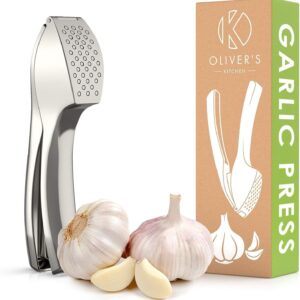 Oliver's Kitchen ® Premium Garlic Press - Super Easy to Use & Clean Garlic Crusher & Mincer - Crush Garlic & Ginger Effortlessly (No Need to Peel) - Built for Life - Strong & Durable (Silver)