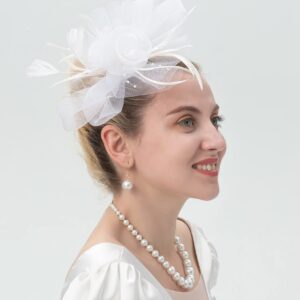 Myjoyday Women's Fascinators Hat for Tea Party Church Cocktail, Feathers Veil Headband with Hair Clip (White)