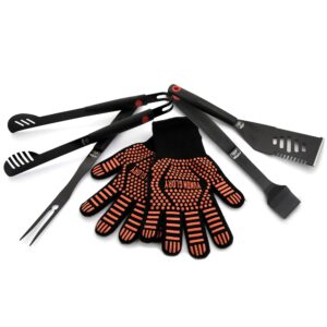 Yukon Glory™ Heavy Duty 5 Piece Grilling Tools Set, Durable Stainless Steel BBQ Accessories, Long Handle 3 in 1 Spatula, Tongs, Brush, Grill Fork, Thick Grilling Gloves, Gift Set