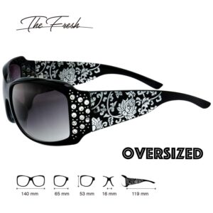 The Fresh Trendy Classic Women Hot Fashion Rhinestones Sunglasses with Gift Box (L702-Crystal Black/Floral Eyewear, Grey Gradient)