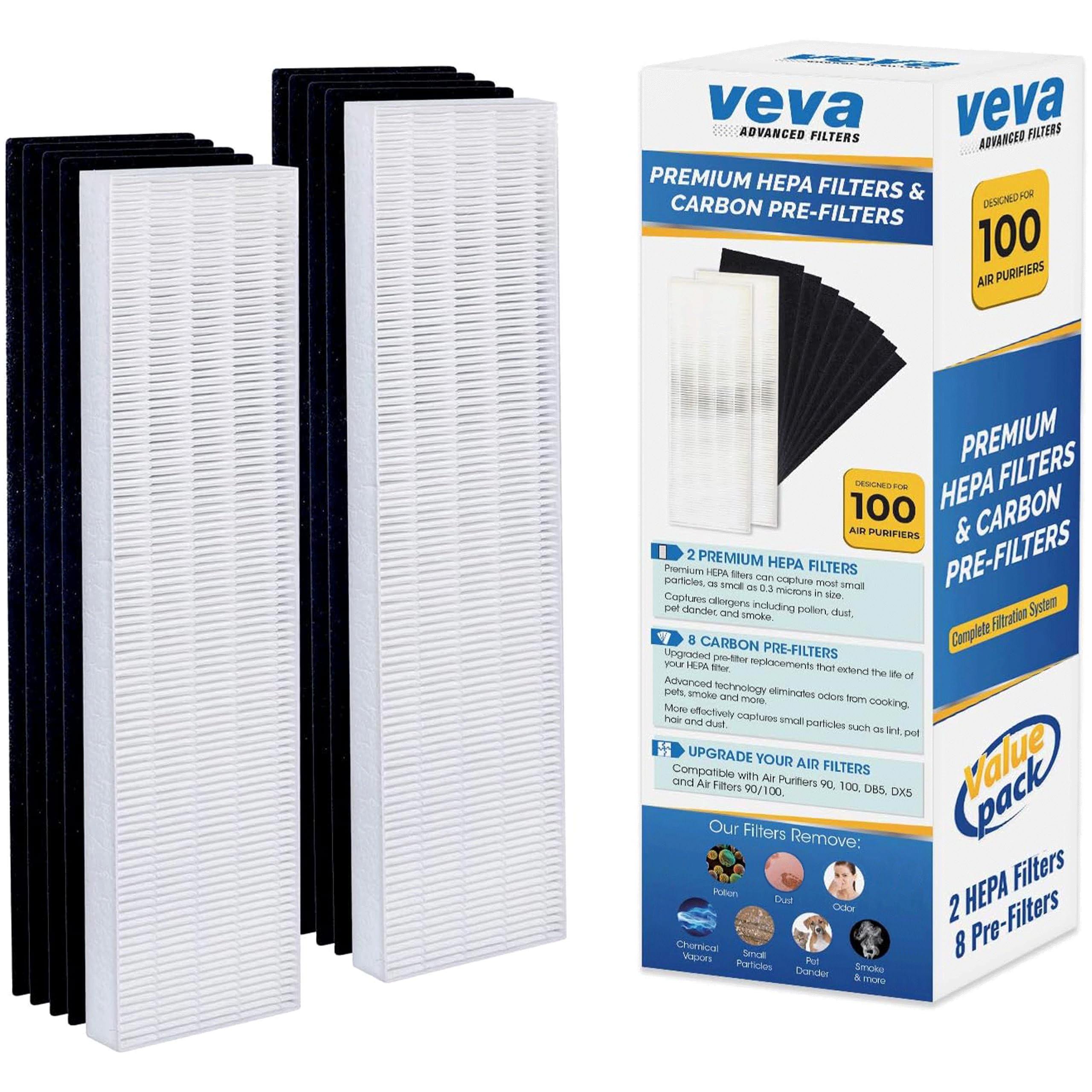 VEVA Premium 2 HEPA Filter with 8 Activated Carbon Pre Filters Compatible with Fellowes AeraMax Air Purifier 90, 100, 90/100, DX5 & DB5 9287001 9324001