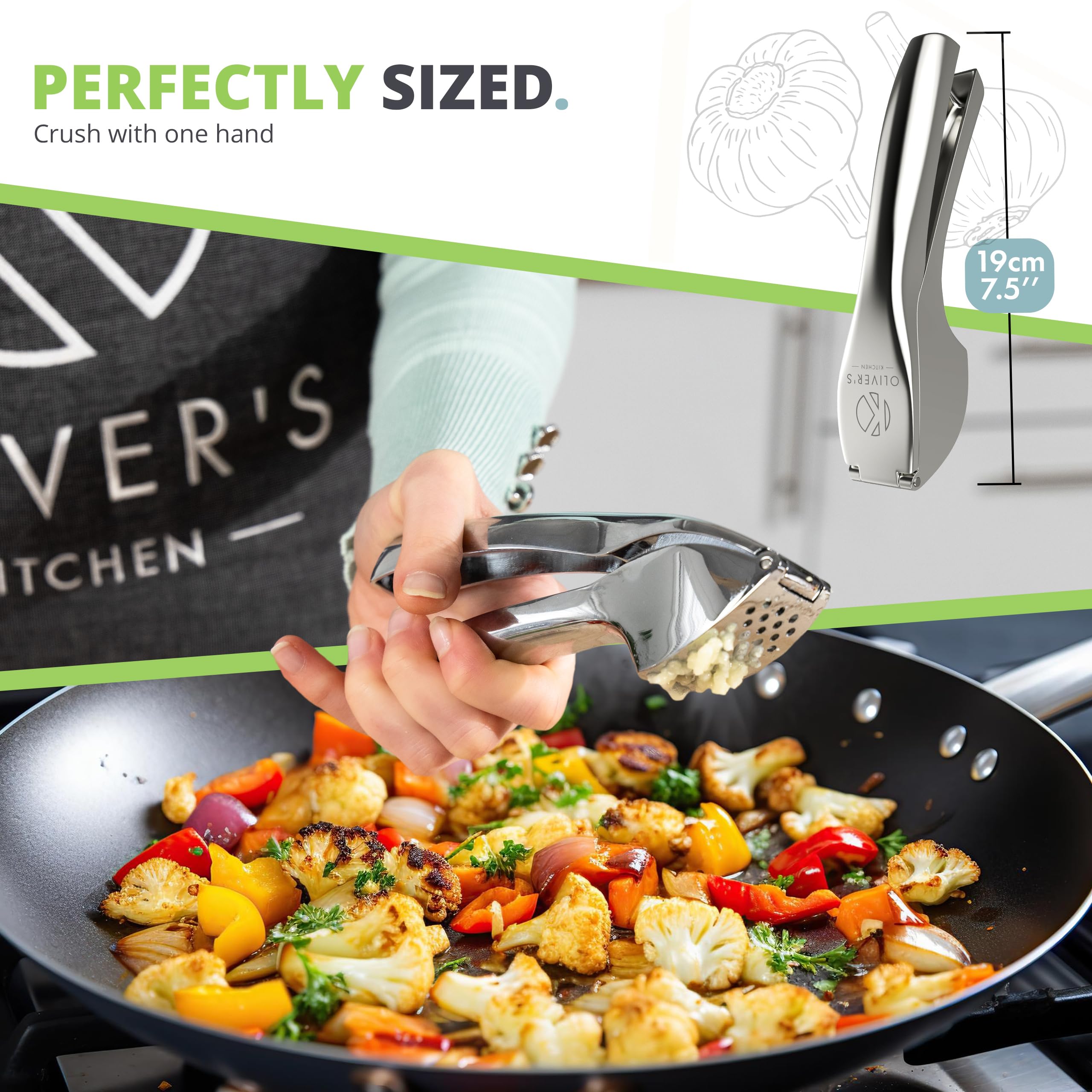 Oliver's Kitchen ® Premium Garlic Press - Super Easy to Use & Clean Garlic Crusher & Mincer - Crush Garlic & Ginger Effortlessly (No Need to Peel) - Built for Life - Strong & Durable (Silver)