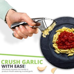 Oliver's Kitchen ® Premium Garlic Press - Super Easy to Use & Clean Garlic Crusher & Mincer - Crush Garlic & Ginger Effortlessly (No Need to Peel) - Built for Life - Strong & Durable (Silver)